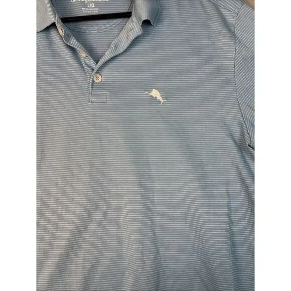 Tommy Bahama Shirt Mens Lg Short‎ Sleeve Polo Baby Blue Striped Cotton Blend - Picture 2 of 8
